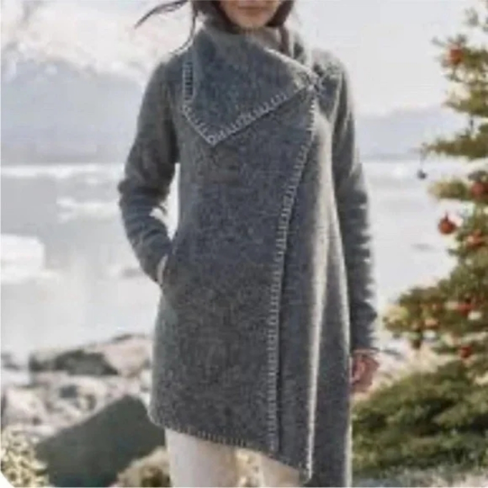 Garnet Hill Gray Wool Women's Sweater with Asymmetrical Collar